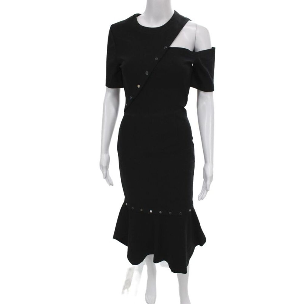 Not Available Womens Sheath Jacket Black Crew Neck Short Sleeve Mid-Calf Size 4